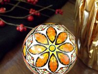 Sunset Orange Octagons Ukrainian Easter Egg Pysanky by So Jeo : pysanky pysanka ukrainian easter egg batik art sojeo florals flowers birds stars trees vines blooms buds bluebird owl art sojeo "so jeo" eggshell egg shell blown decoration ivy garden rainbow rosie posy nightshad victorian trees etched brown chicken eggs turkey